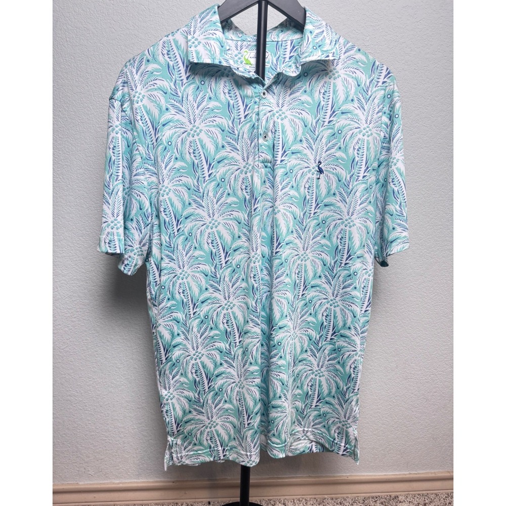 TailorByrd‎ Mens Teal Blue Palm Tree Print Performance Polo Shirt Large SPF 30